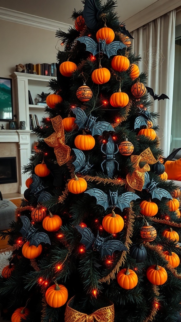 Halloween-Themed Christmas Tree Decoration A Halloween-themed Christmas tree with black and orange ornaments, pumpkins, and bats, illuminated by orange fairy lights.